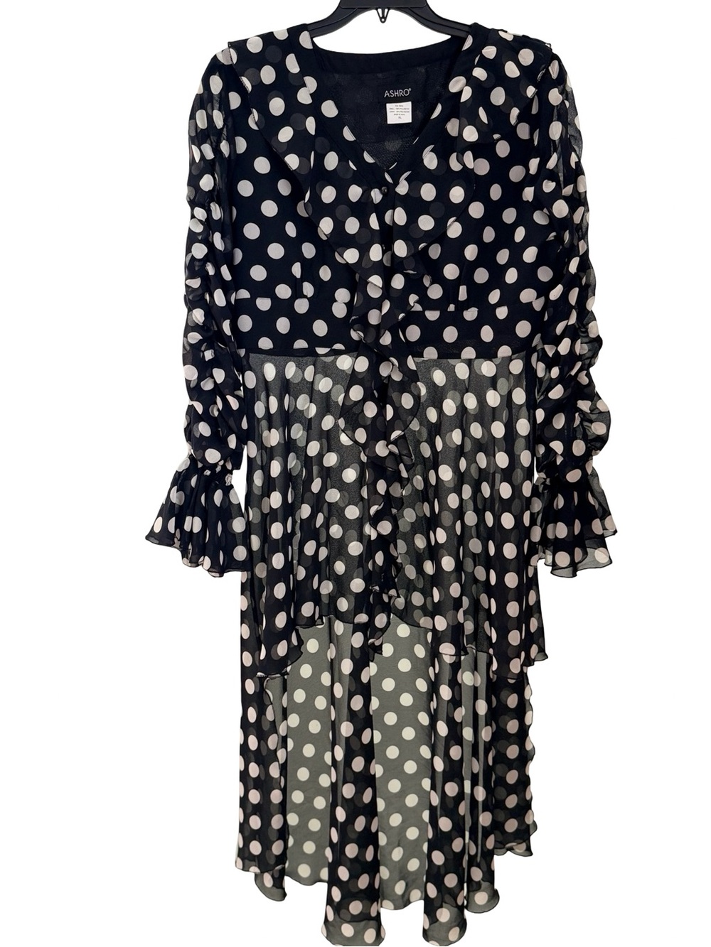 Ashro Black and White Polka Dot Ruffle High Low Blouse